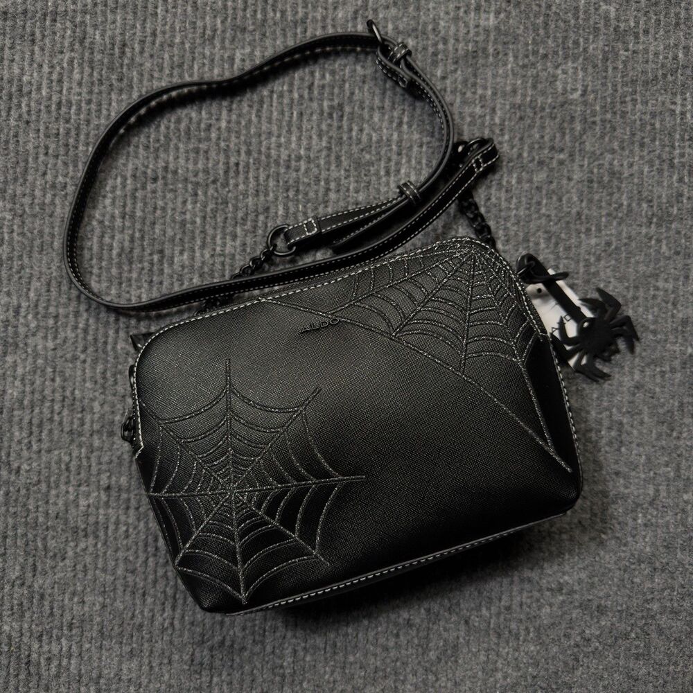Aldo Black Silver Spider Web Purse Crossbody Bag Spider Charm Halloween Goth NEW - Picture 12 of 12